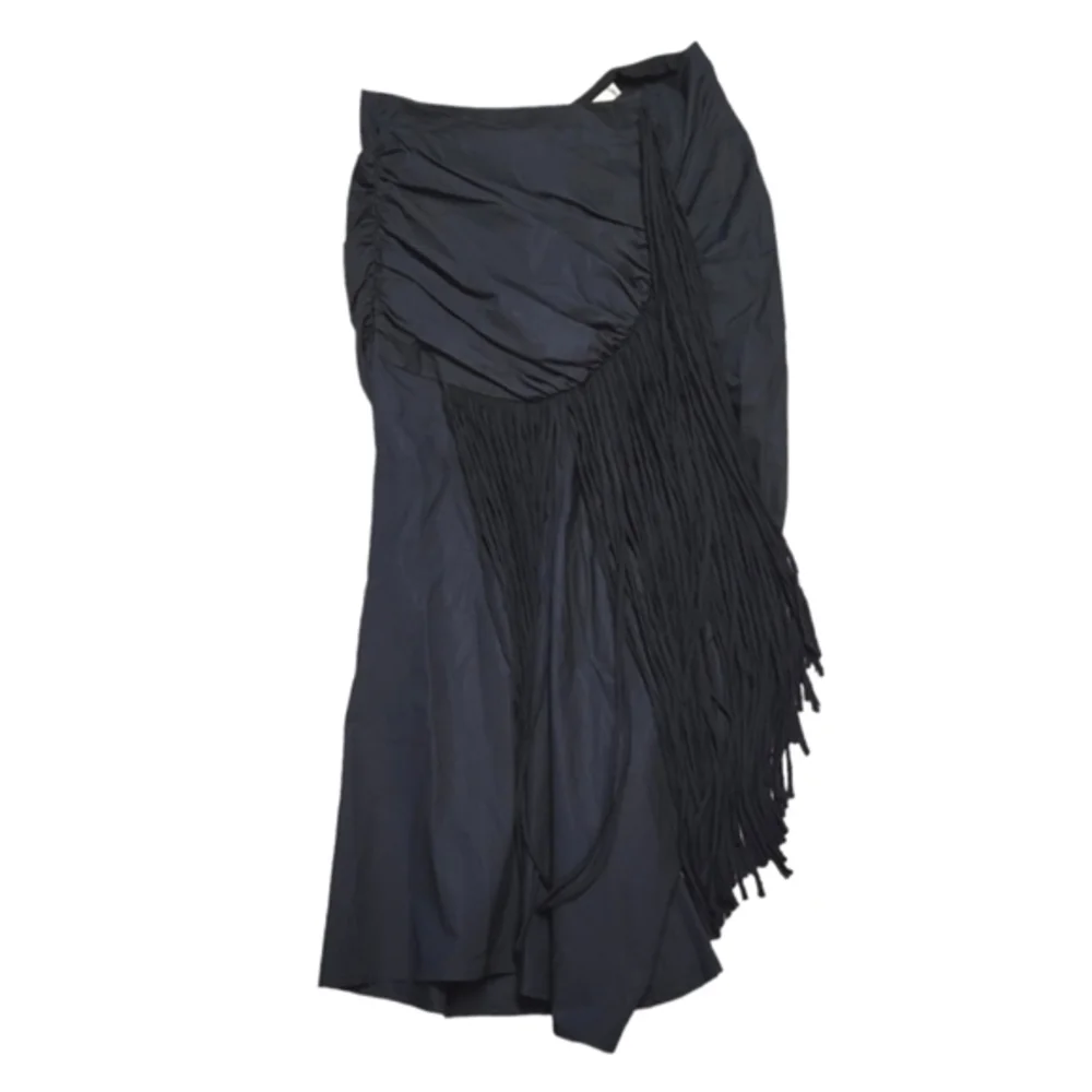 TORY BURCH COTTON SILK FRINGE MIDI SKIRT BLACK 2‎